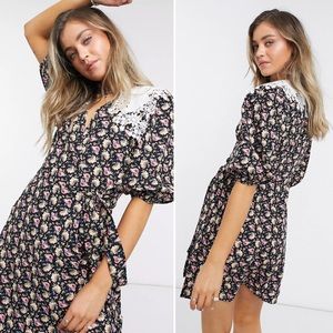 ASOS Design Wrap Front Mini Dress with Crochet Collar in playful floral Sz 2